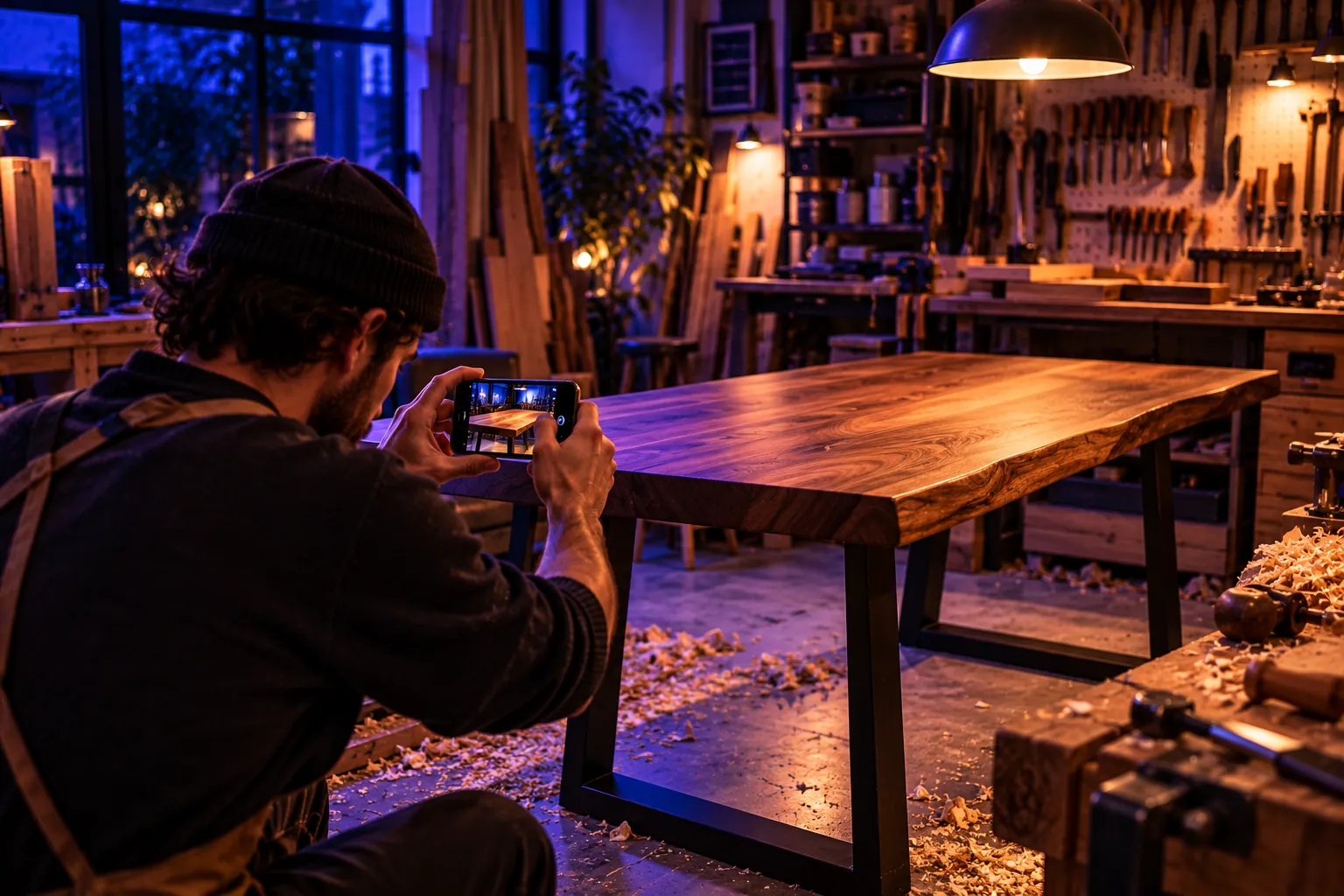 Menuisier photographiant avec son smartphone une table en bois massif qu’il vient de terminer dans son atelier