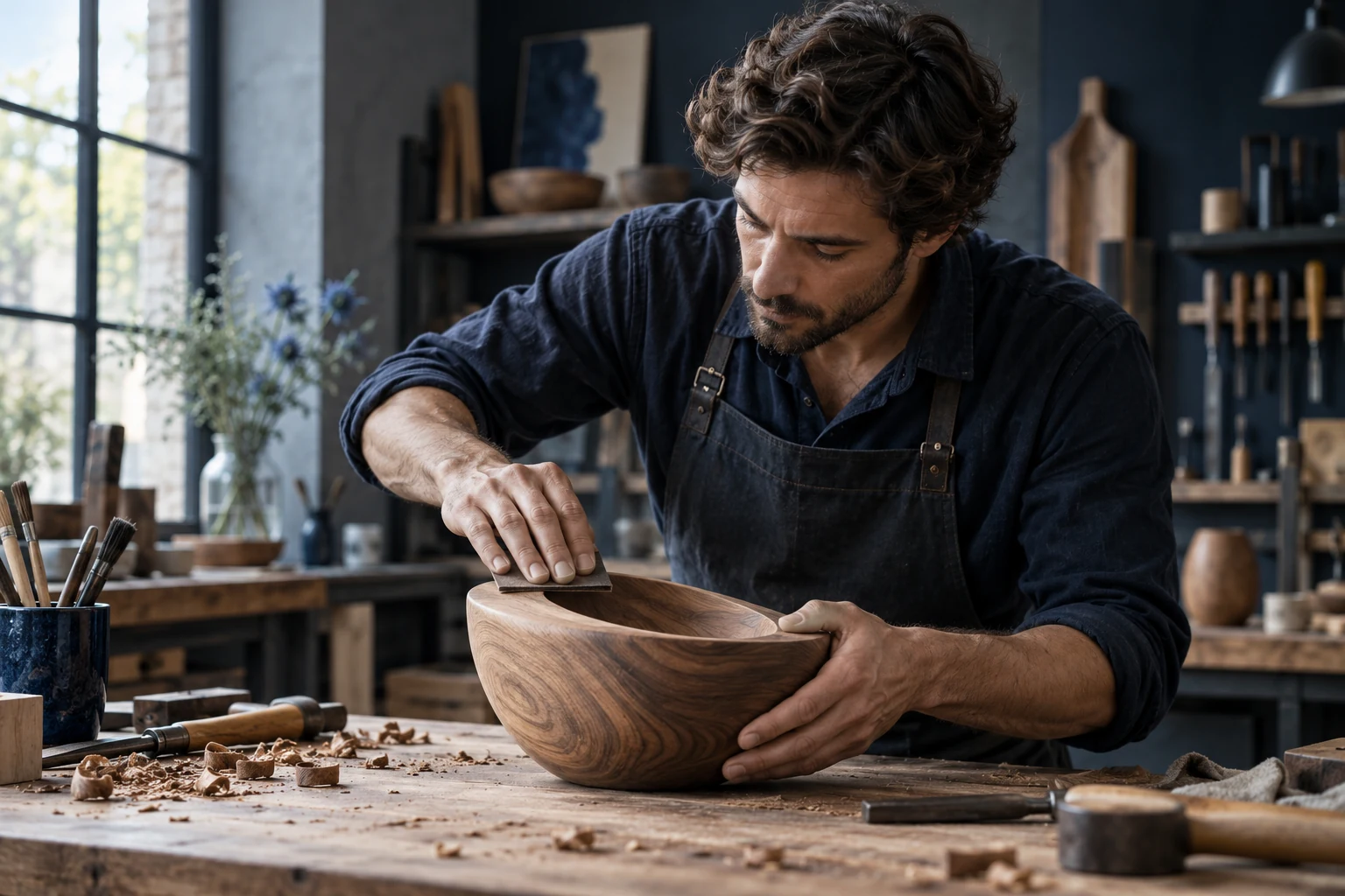 Artisan concentré sur le façonnage d’un objet en bois dans son atelier
