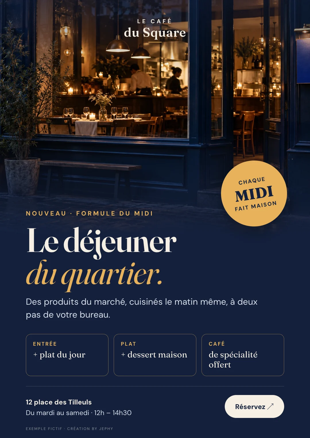 Flyer du Café du Square, restaurant fictif : formule du midi fait maison