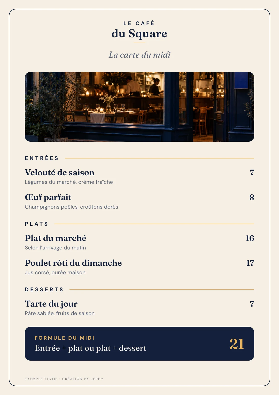 Menu du Café du Square, restaurant fictif : entrées, plats, desserts et formule du midi