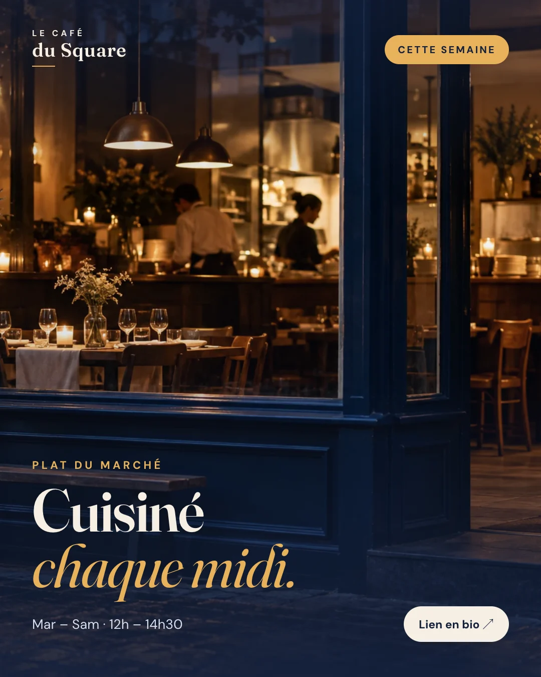 Publication Instagram du Café du Square, restaurant fictif : plat du marché chaque midi