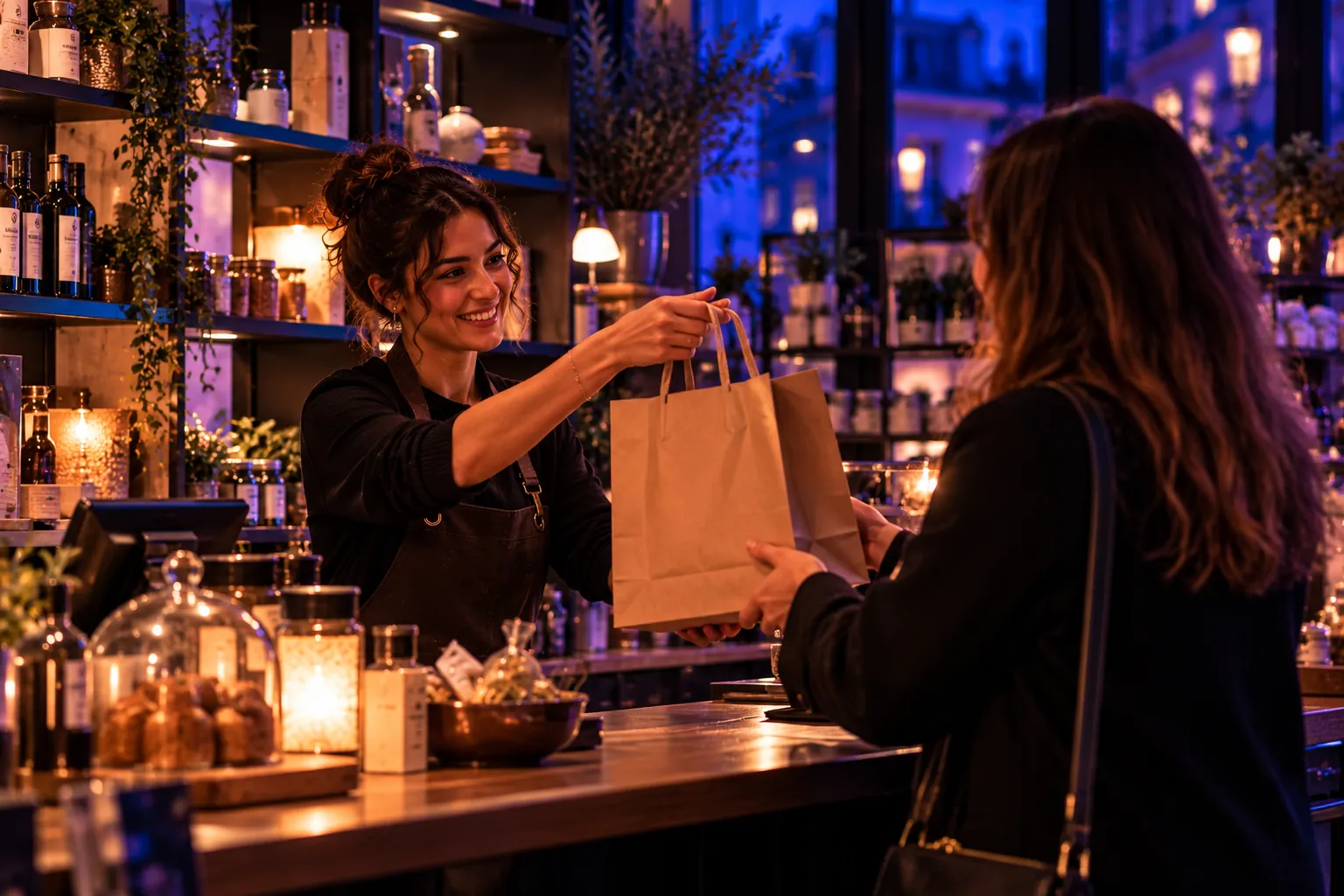 Commerçante souriante tendant un sac en papier à une cliente au comptoir d’une boutique de quartier