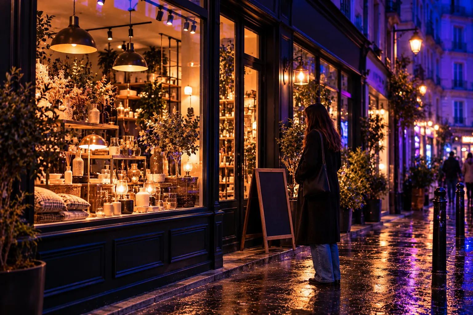 Passante devant la vitrine éclairée d’une boutique de quartier, le soir, sur un trottoir mouillé