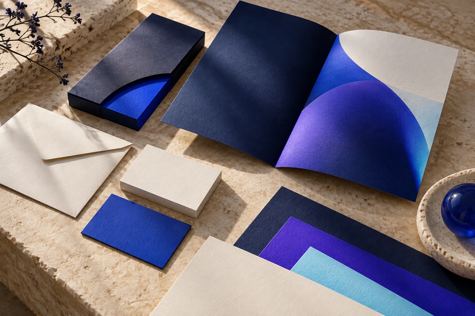 Composition de supports imprimés bleu, violet et ivoire illustrant une identité visuelle
