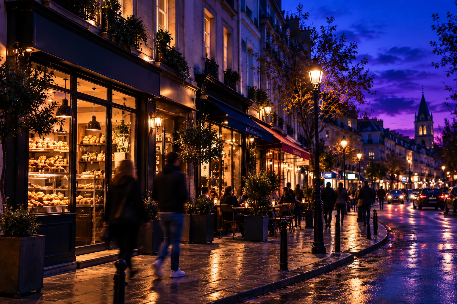 Rue commerçante d’Île-de-France à l’heure bleue, avec boulangerie, restaurant et vitrines éclairées