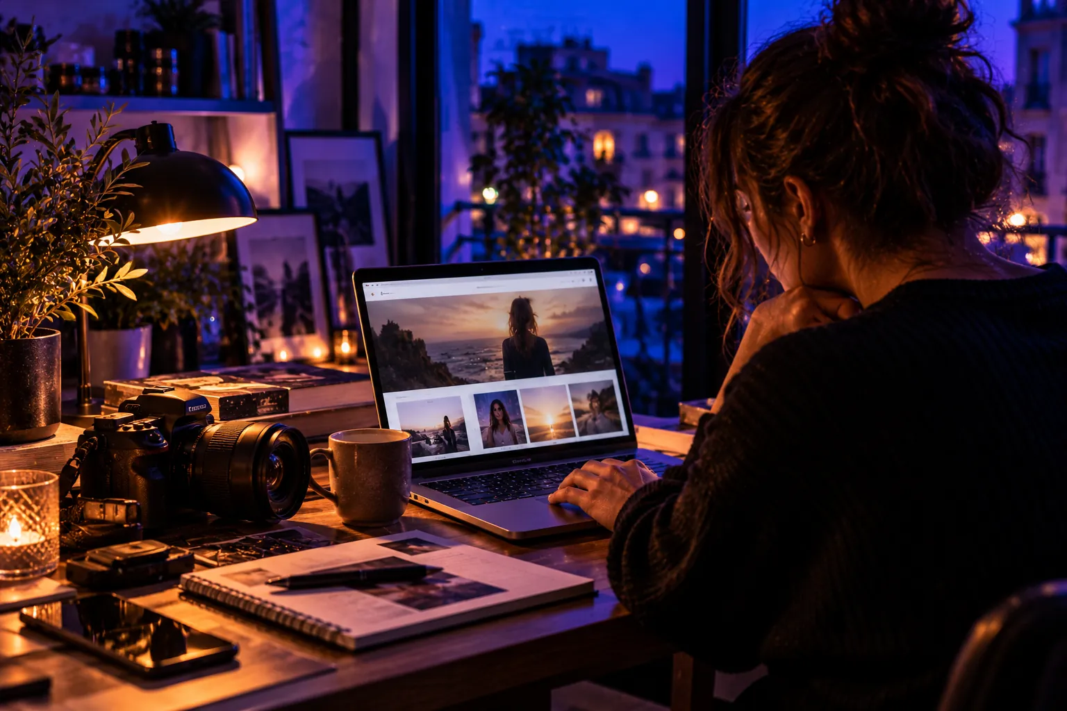 Photographe indépendante travaillant le soir sur son site, appareil photo et carnet posés sur le bureau