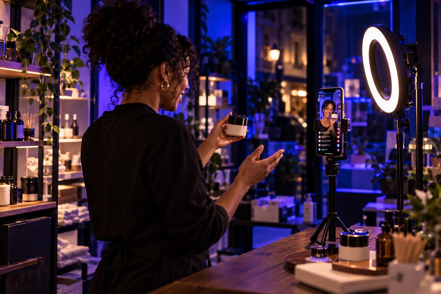 Commerçante filmant une vidéo verticale dans sa boutique avec un smartphone sur trépied et un anneau lumineux