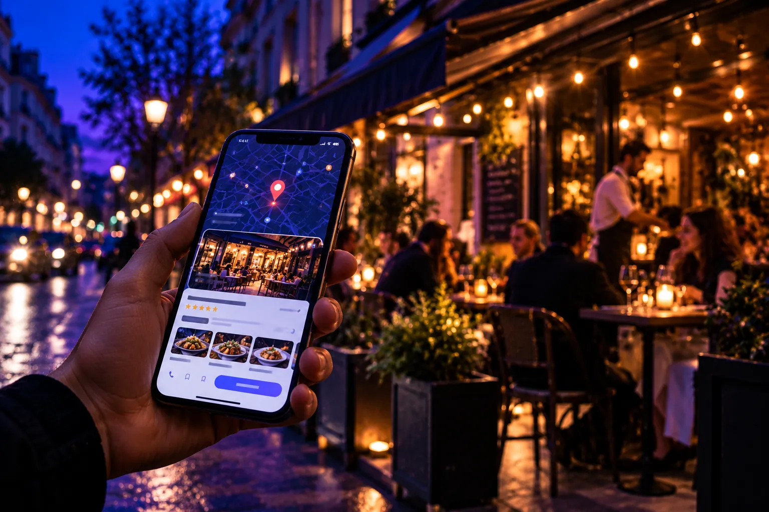 Main tenant un smartphone avec la fiche d’un restaurant, devant sa terrasse éclairée le soir