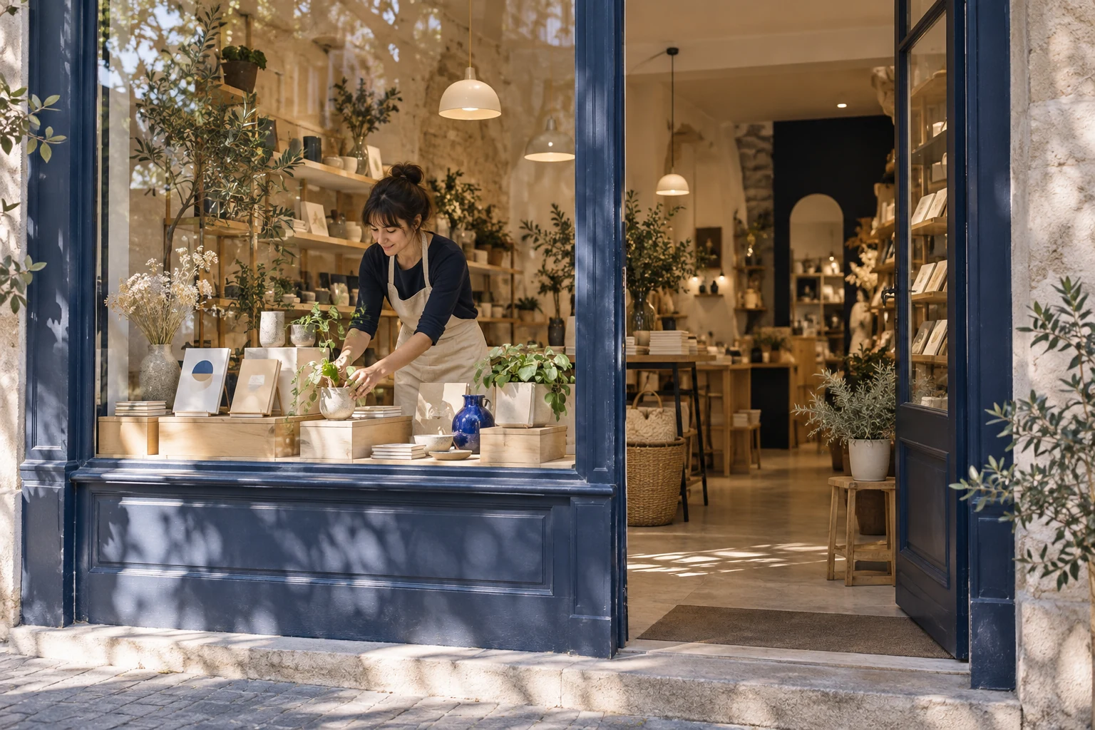 Commerçante qui prépare la vitrine de sa boutique de quartier