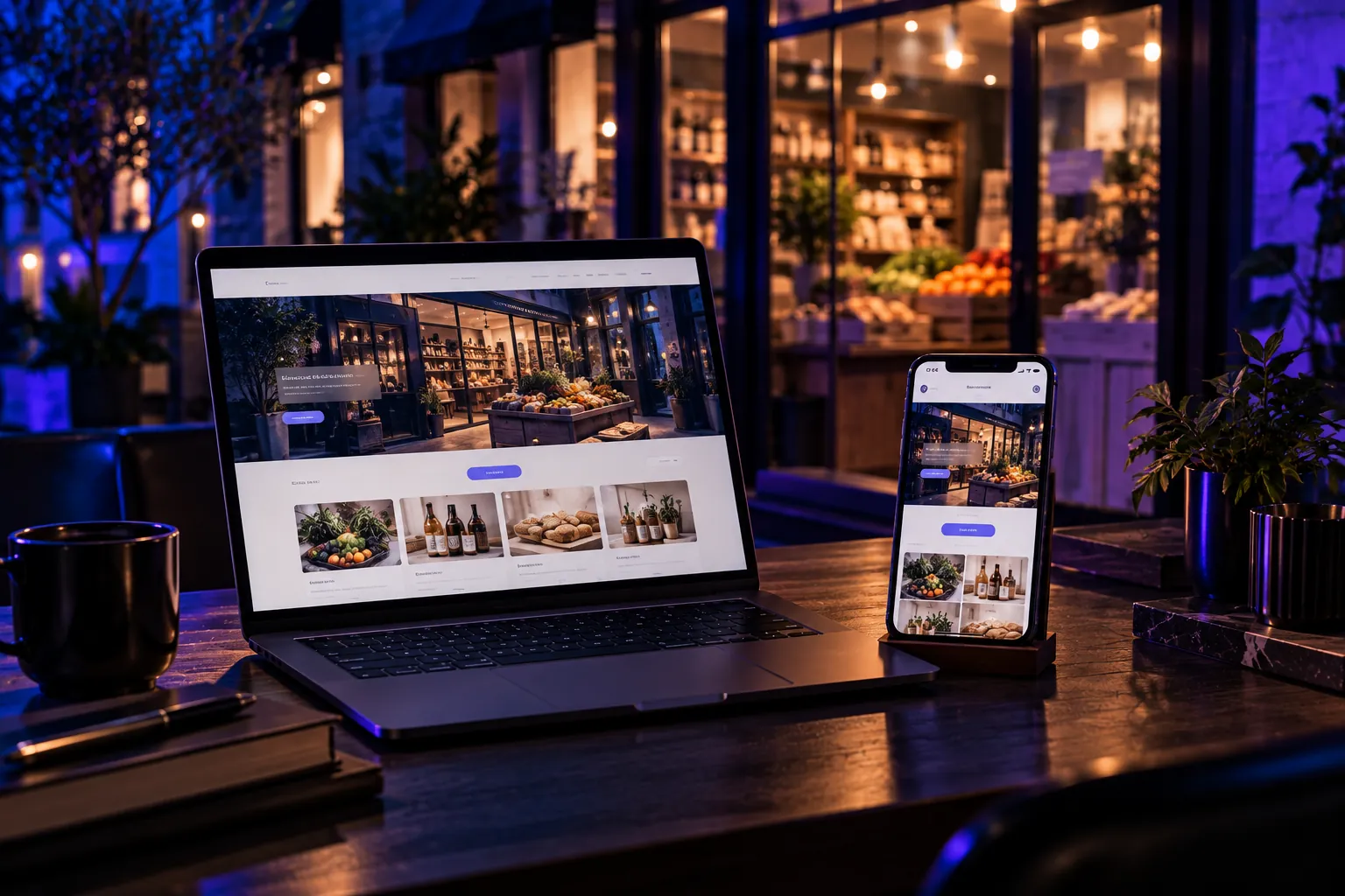 Ordinateur et smartphone affichant le même site de commerce de quartier, devant une vitrine éclairée