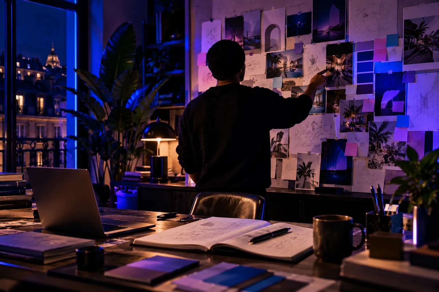 Atelier de stratégie : une personne devant un mur de post-it et de moodboard, dans un studio parisien le soir